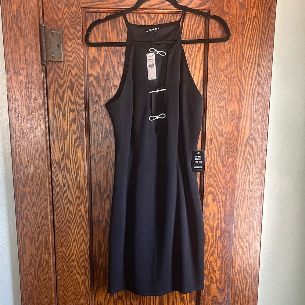 Express Black Halter Mini Dress with Silver Accent Closures